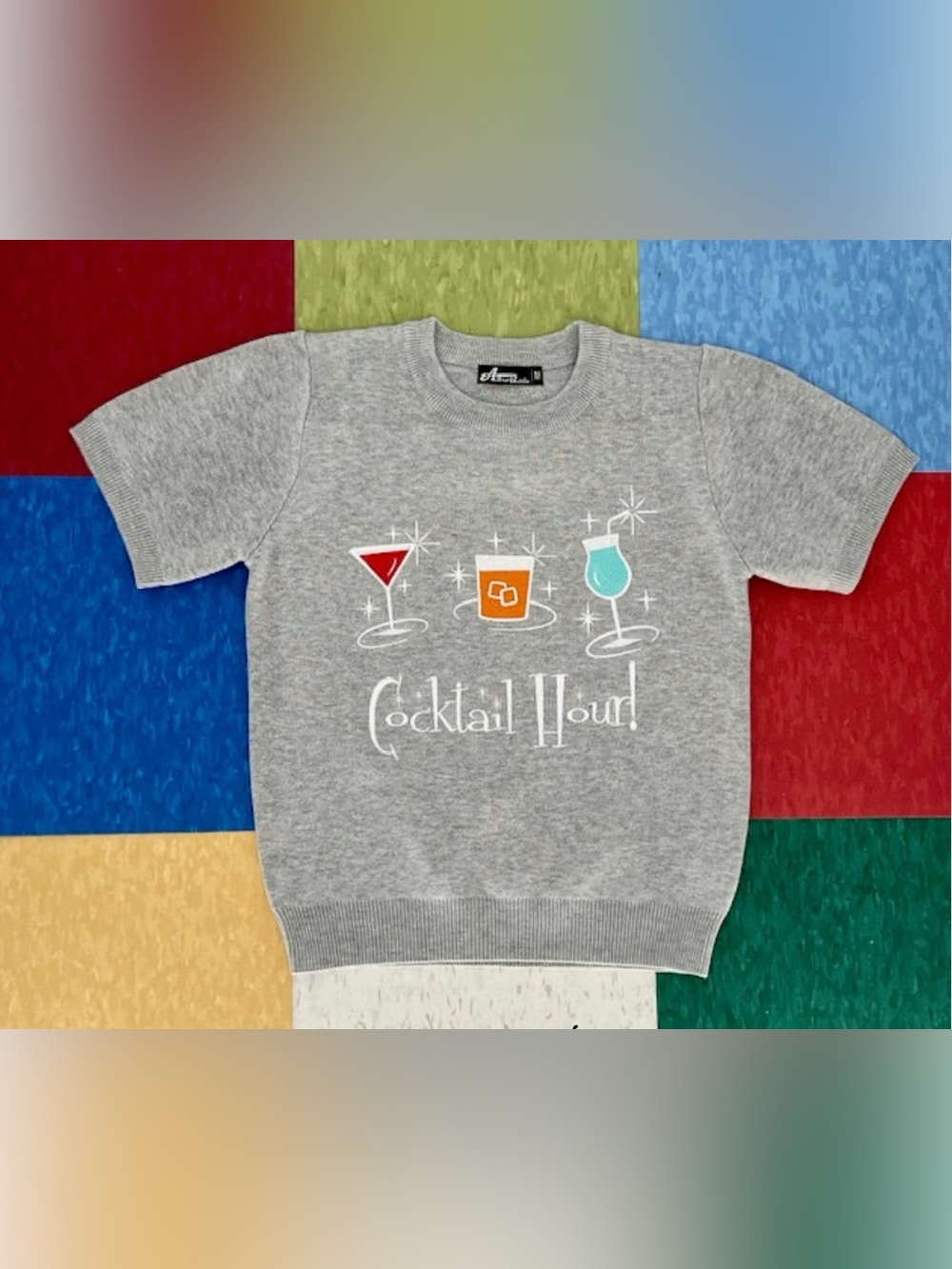 Gray "Cocktail Hour" Short Sleeve Sweater Tee Astro Bettie